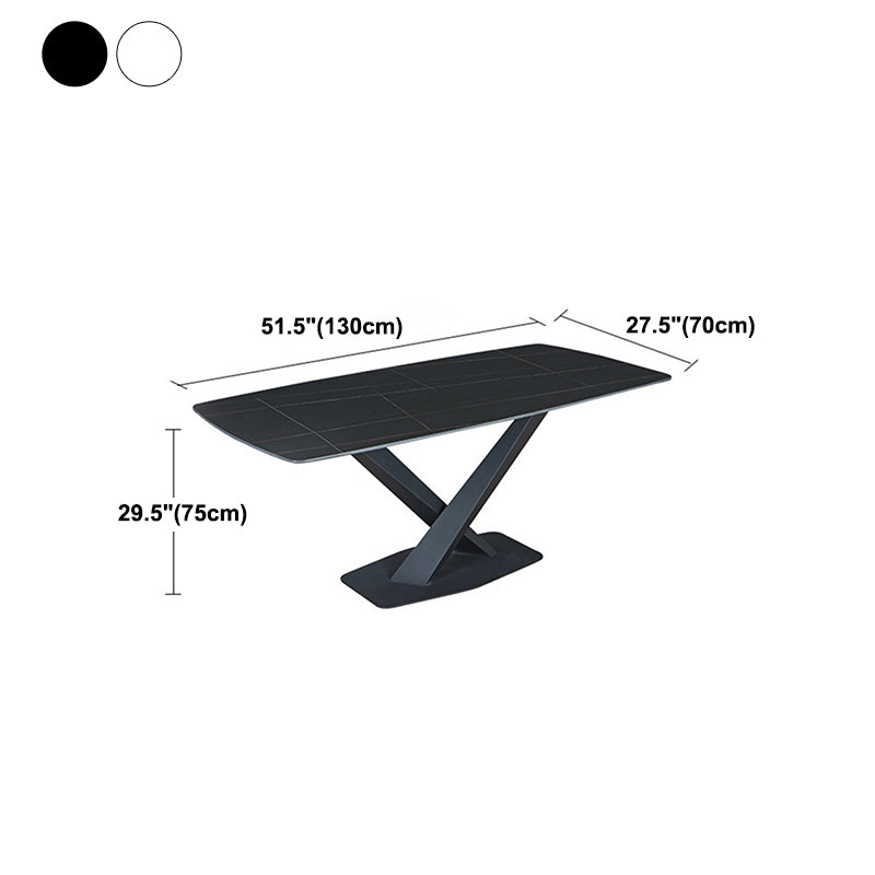 Stone Top Dining Table Modern Rectangle Table with Metal Base in Black