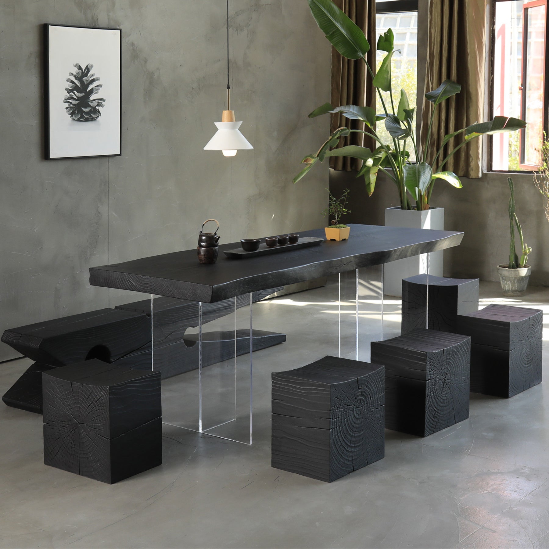 Black Modern Double Pedestal Table Rectangle Pine Solid Wood Top Dining table