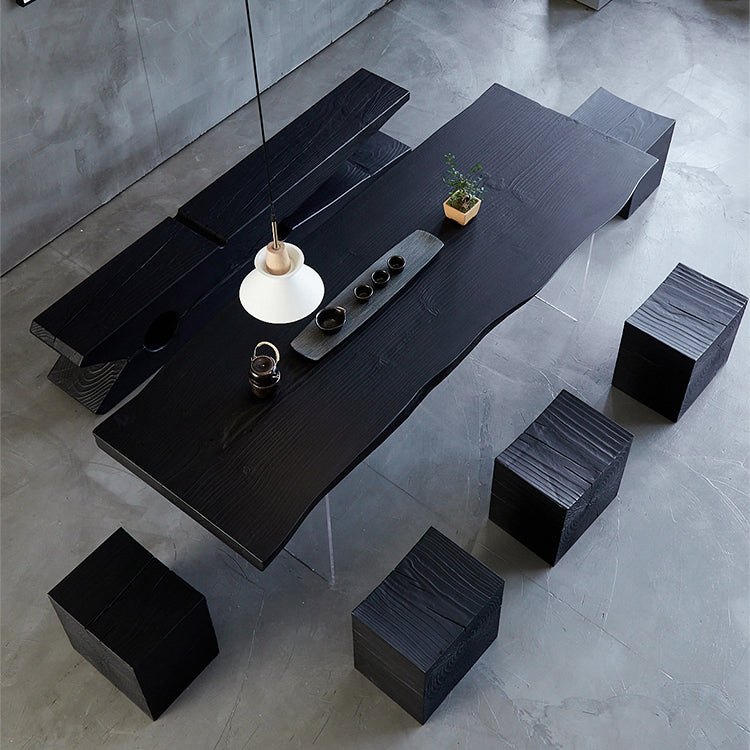 Black Modern Double Pedestal Table Rectangle Pine Solid Wood Top Dining table