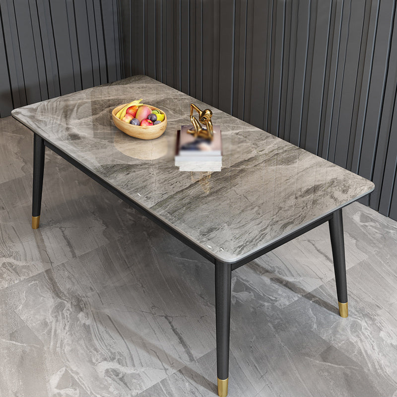 Stone Top Dining Table Modern Rectangle Table with 4 Metal Legs in Black