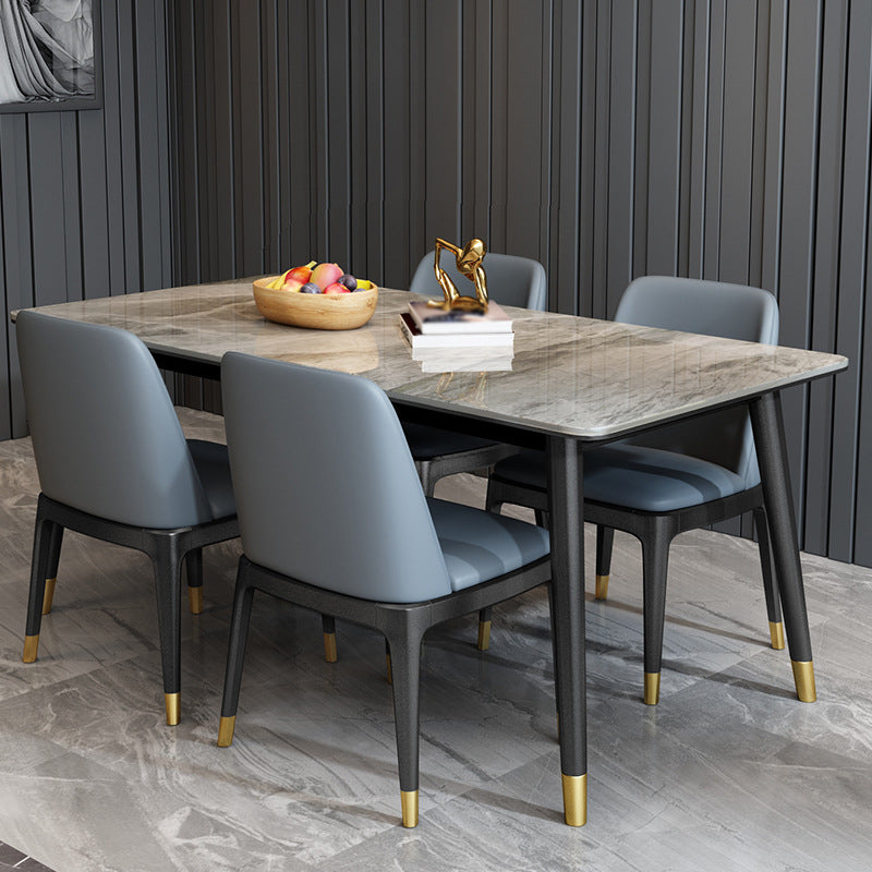 Stone Top Dining Table Modern Rectangle Table with 4 Metal Legs in Black
