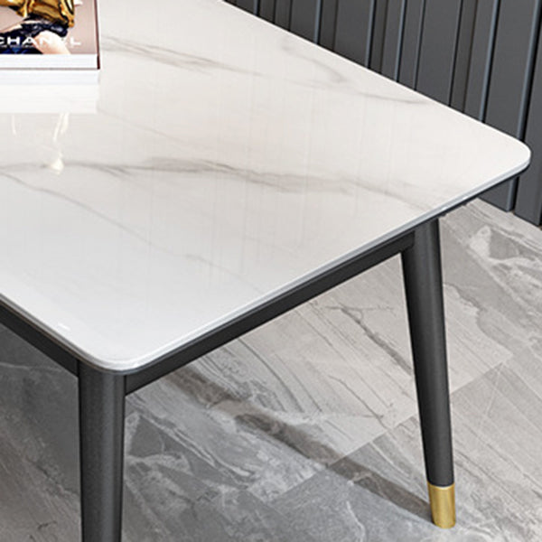 Stone Top Dining Table Modern Rectangle Table with 4 Metal Legs in Black