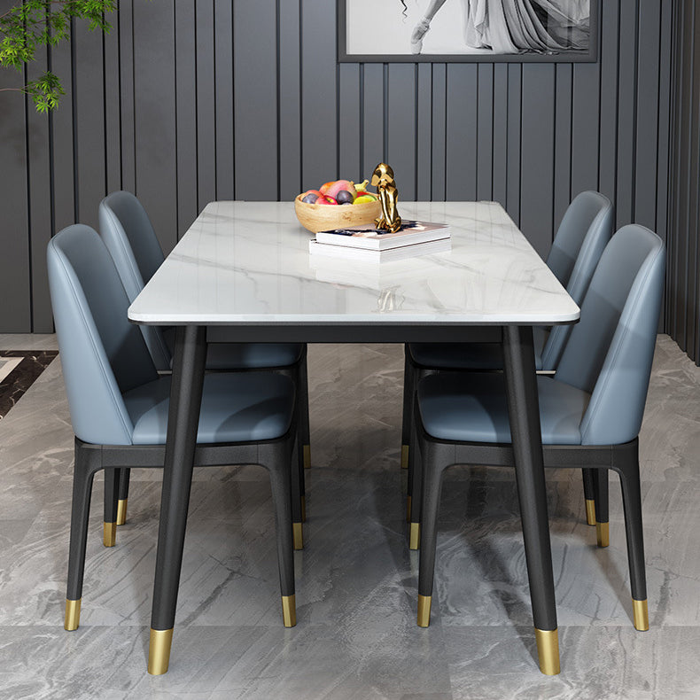 Stone Top Dining Table Modern Rectangle Table with 4 Metal Legs in Black