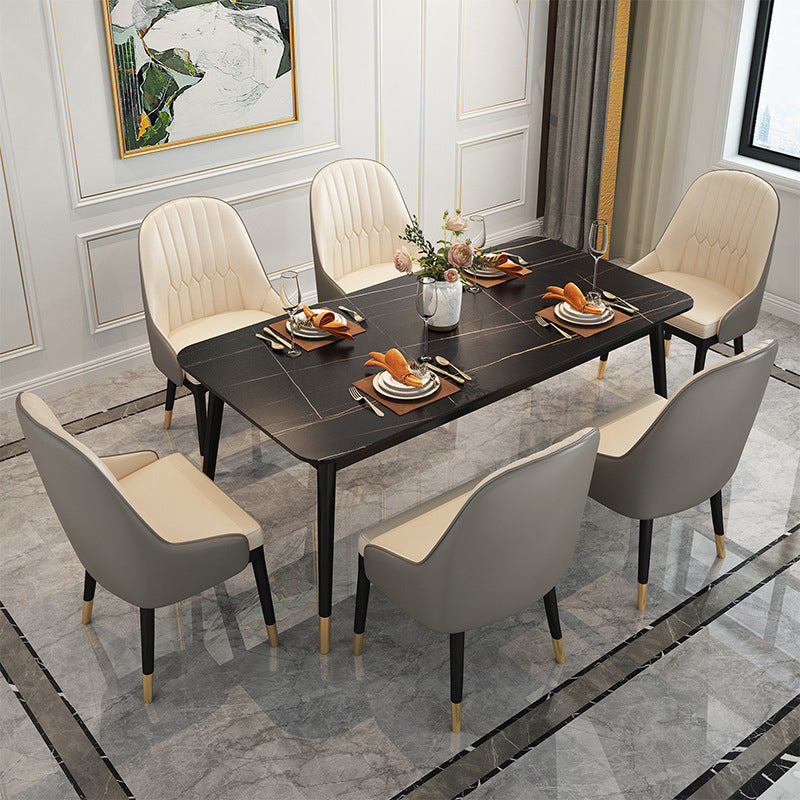 Stone Top Dining Table Contemporary Rectangle Table with 4 Metal Legs in Black