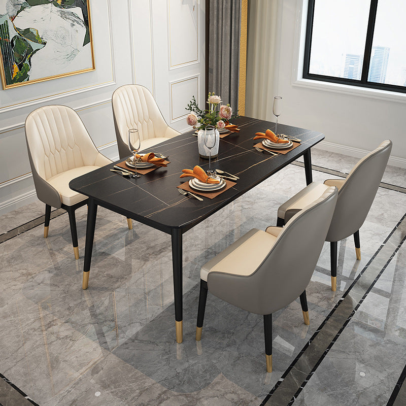 Stone Top Dining Table Contemporary Rectangle Table with 4 Metal Legs in Black