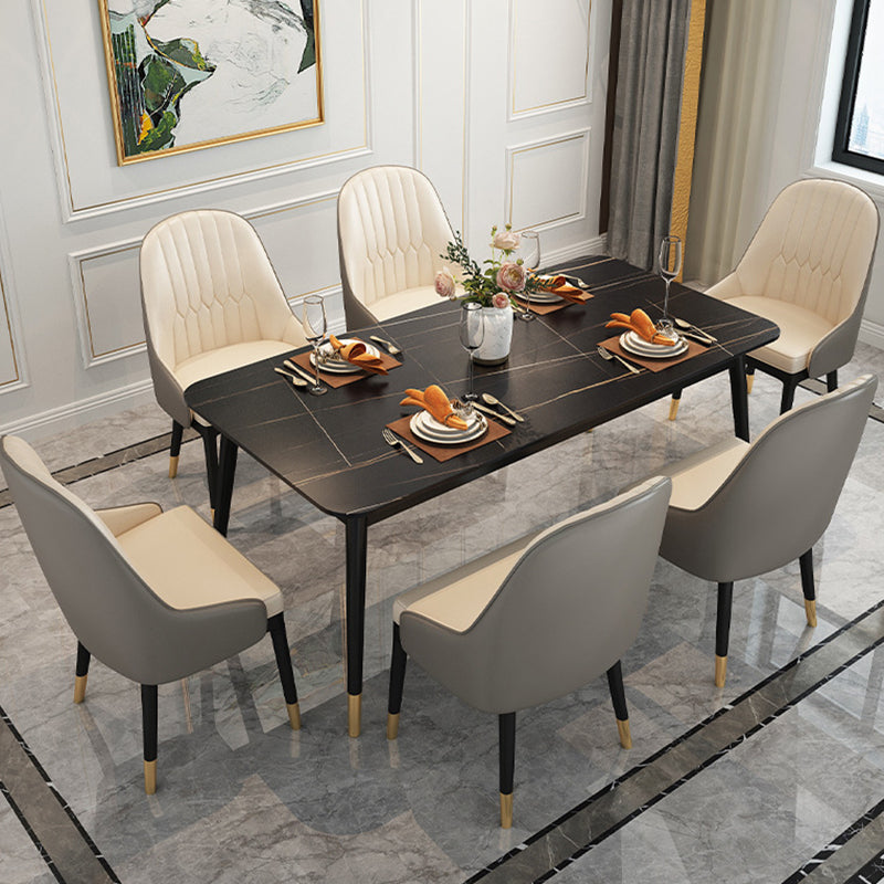 Stone Top Dining Table Contemporary Rectangle Table with 4 Metal Legs in Black