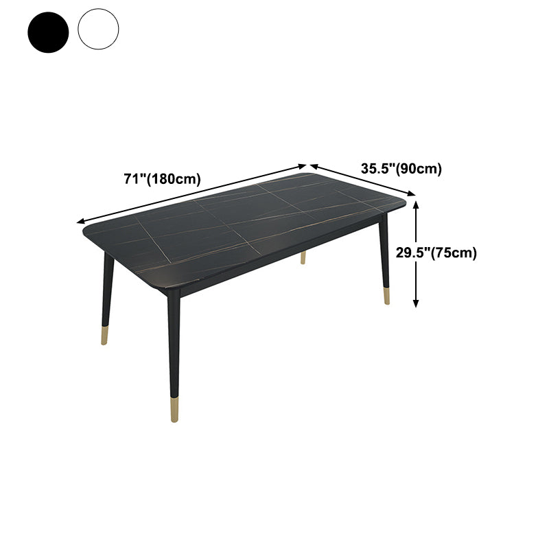 Stone Top Dining Table Contemporary Rectangle Table with 4 Metal Legs in Black