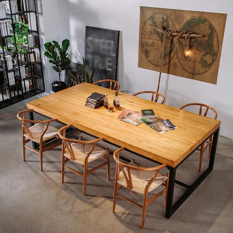 Industrial Rectangle Dining Room Table Natural Solid Wood Trestle Base Dining Table