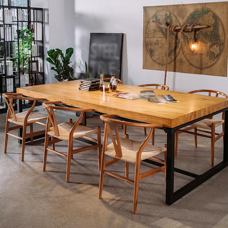Industrial Rectangle Dining Room Table Natural Solid Wood Trestle Base Dining Table