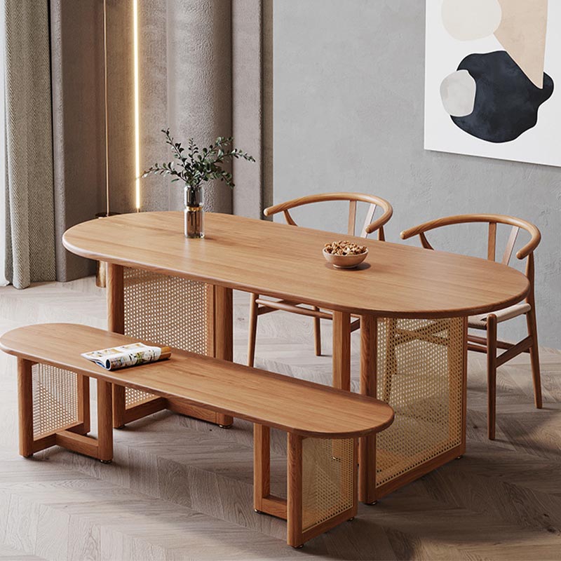 Modern Dining Table Solid Wood Top Dining Table with Double Rattan Base for Living Room