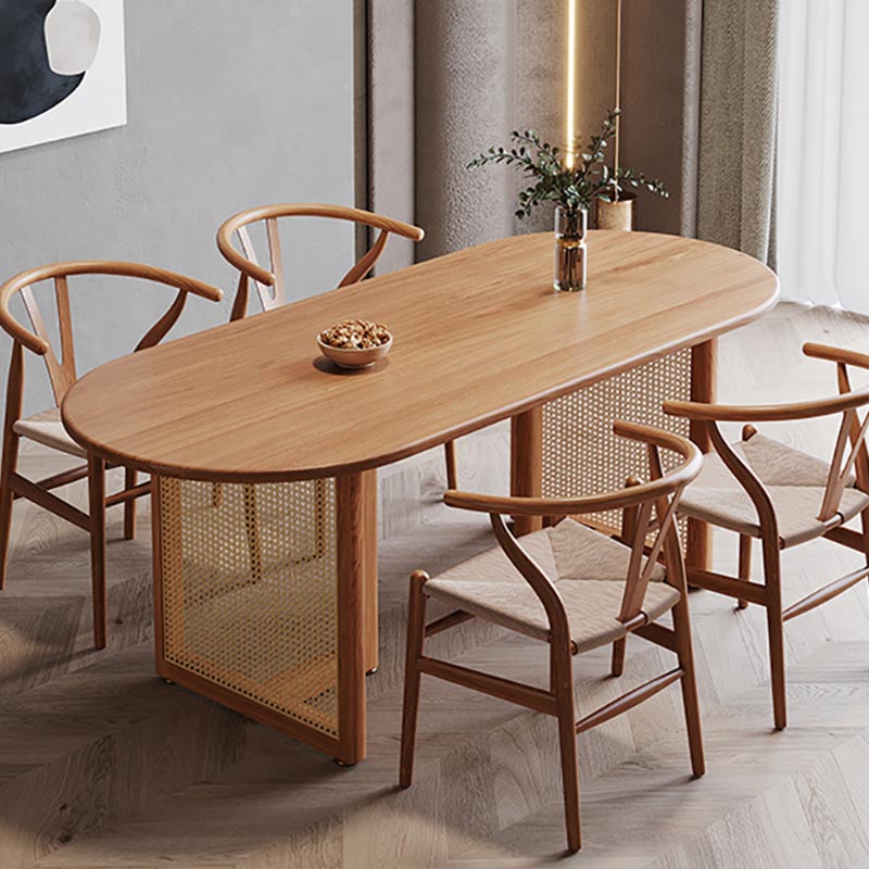 Modern Dining Table Solid Wood Top Dining Table with Double Rattan Base for Living Room