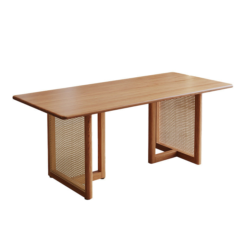 Modern Dining Table Solid Wood Top Dining Table with Double Rattan Base for Living Room