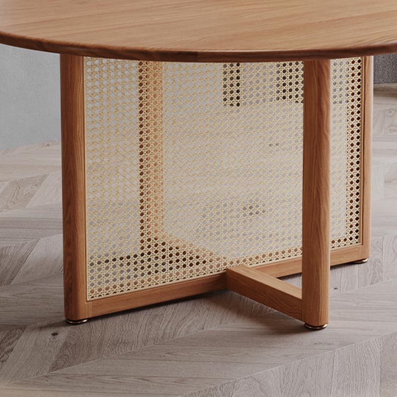Modern Dining Table Solid Wood Top Dining Table with Double Rattan Base for Living Room