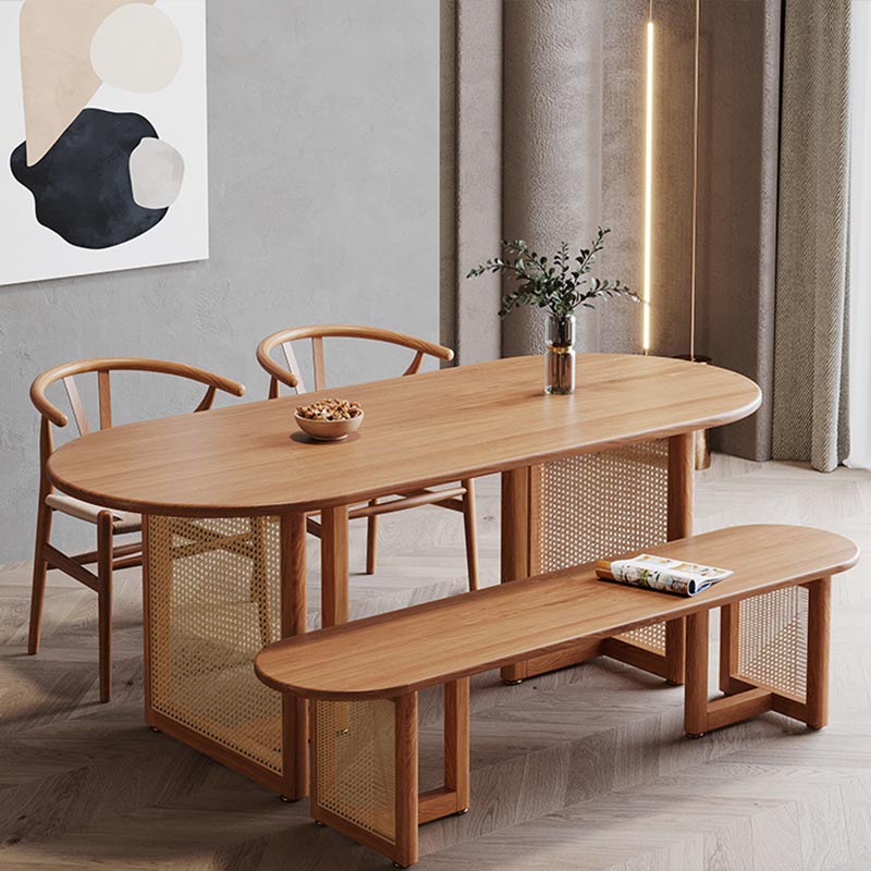 Modern Dining Table Solid Wood Top Dining Table with Double Rattan Base for Living Room