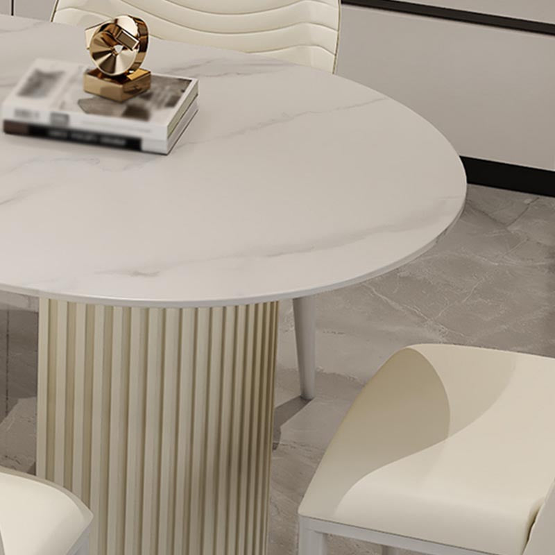 Contemporary Oval Dining Table Stone and Metal Double Pedestal Dining Table in White