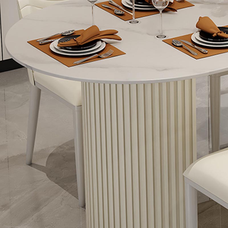 Contemporary Oval Dining Table Stone and Metal Double Pedestal Dining Table in White