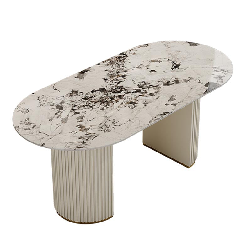 Contemporary Oval Dining Table Stone and Metal Double Pedestal Dining Table in White