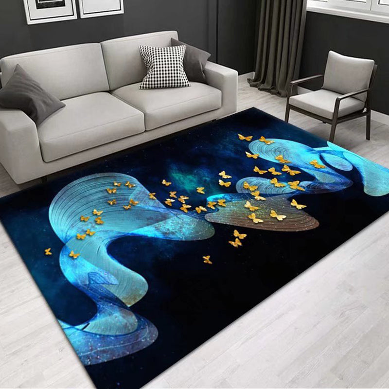 Black Modern Rug Polyester Butterfly Rug Stain Resistant Rug for Drawing Room