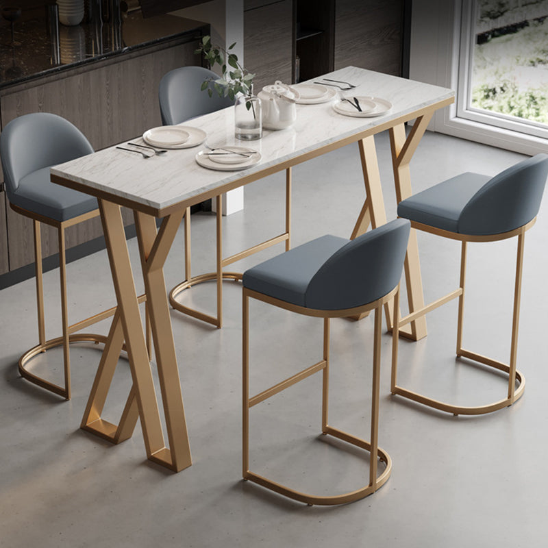 Rectangle Indoor Pub Height Dining Table Marble Bistro Table in White and Gold