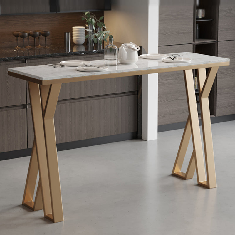 Rectangle Indoor Pub Height Dining Table Marble Bistro Table in White and Gold