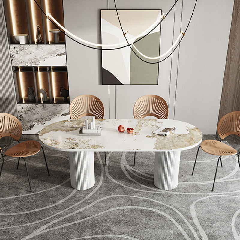 Gold Oval Stone Dining Site Table Modern Iron Double Pedestal Dining Table