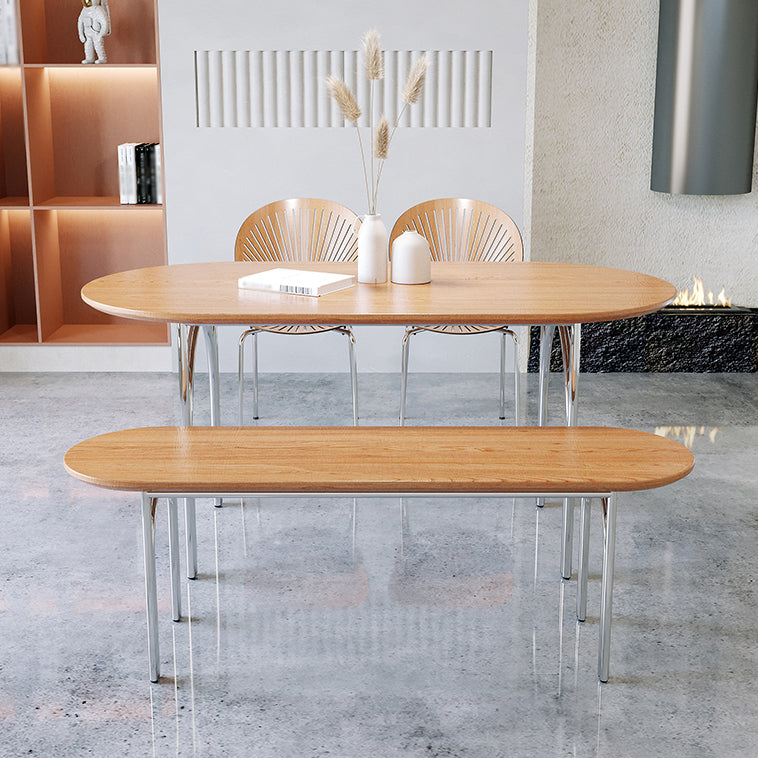 Oval 4 Legs Steel Dining Table Modern Wood Top Chrome Base Dining Site Table