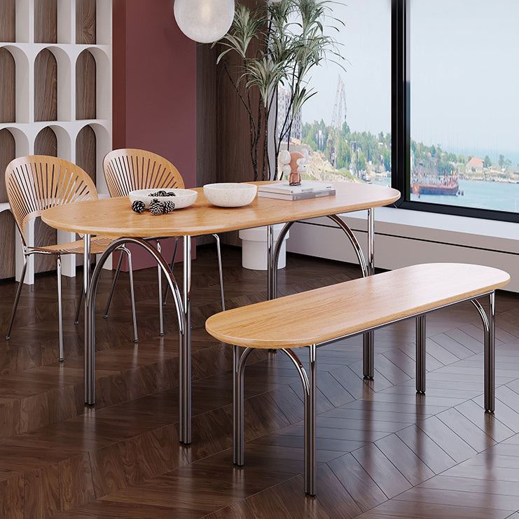 Oval 4 Legs Steel Dining Table Modern Wood Top Chrome Base Dining Site Table