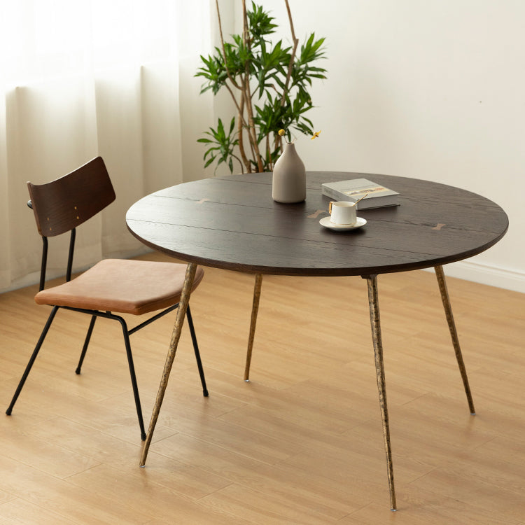 Round Solid Wood Dining Table Brown 4 Legs Dining Table with Metal Base