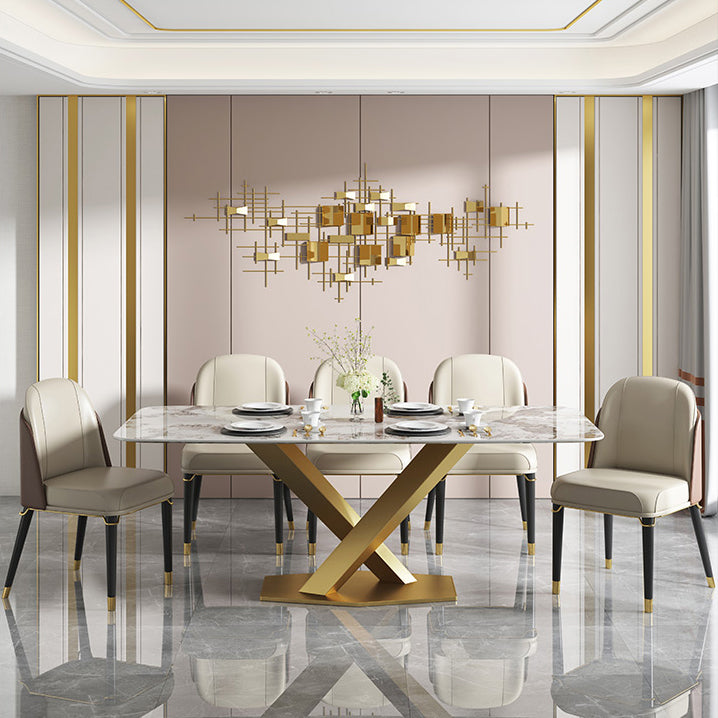 Luxury Sintered Stone Top Table Rectangle Indoor Table with Gold Pedestal