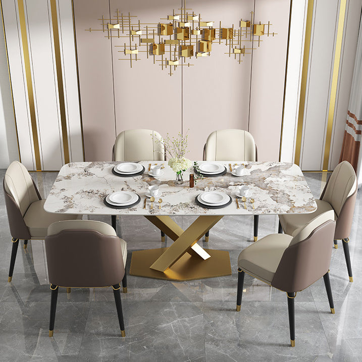 Luxury Sintered Stone Top Table Rectangle Indoor Table with Gold Pedestal