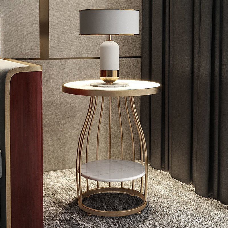 Modern Round Stone Side Table 24.8" H Frame Side Table with Shelf
