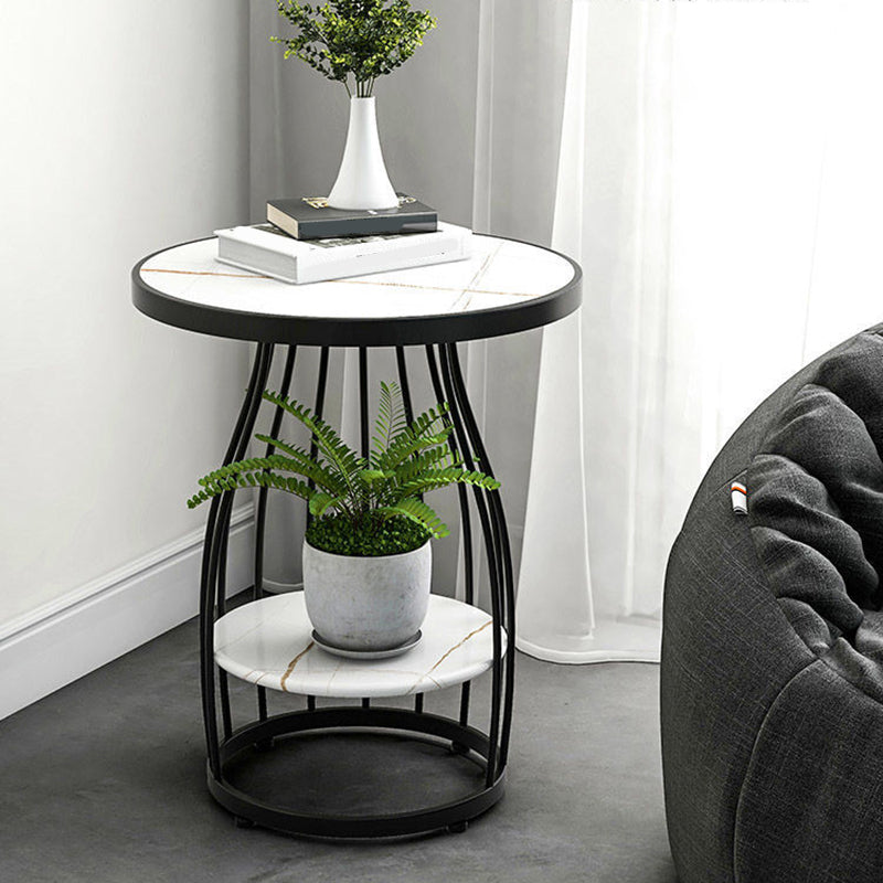 Modern Round Stone Side Table 24.8" H Frame Side Table with Shelf