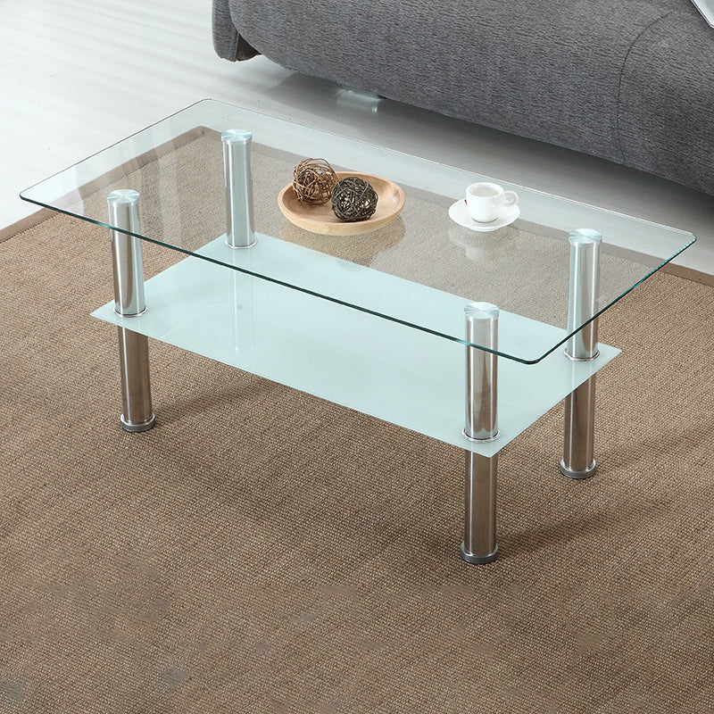 16.9" Tall Modern Stainless Steel 4 Legs Rectangular Glass Top Coffee Table with Shelf