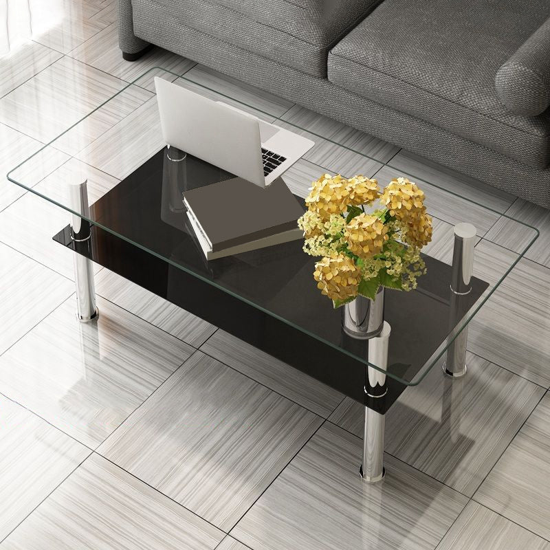 16.9" Tall Modern Stainless Steel 4 Legs Rectangular Glass Top Coffee Table with Shelf