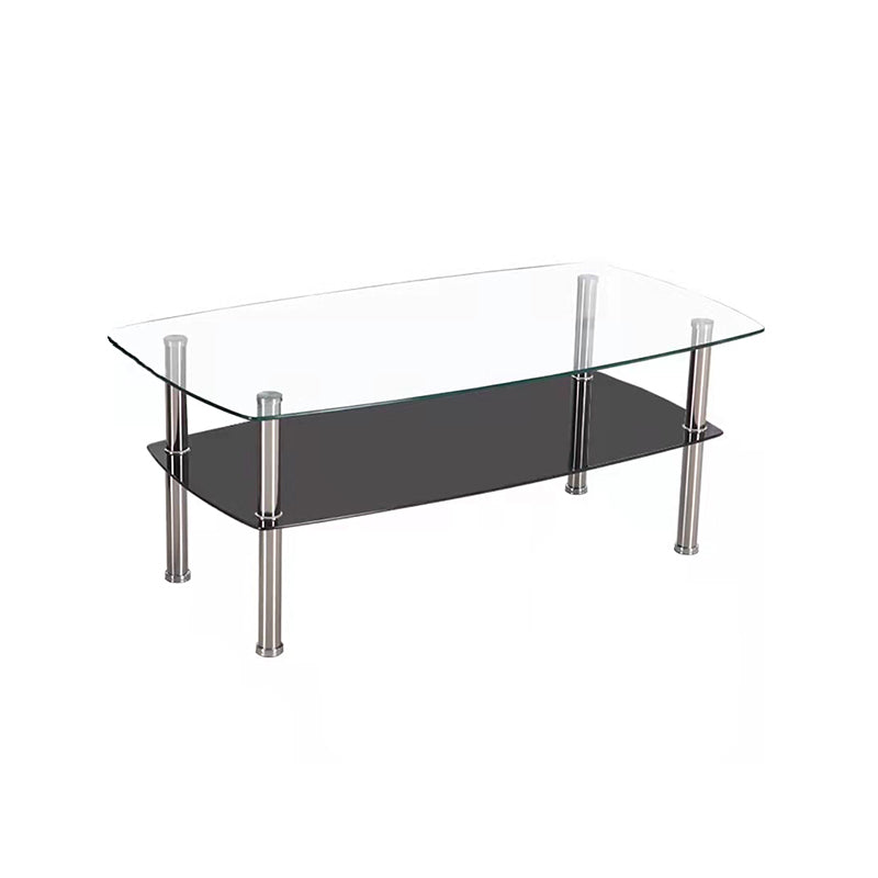 16.9" Tall Modern Stainless Steel 4 Legs Rectangular Glass Top Coffee Table with Shelf