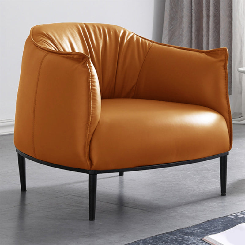 Solid Color Genuine Leather Arms Included with Black Legs Round Arms Barrel Chair