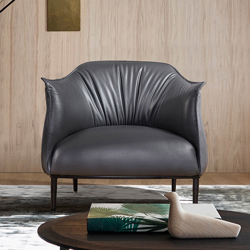 Solid Color Genuine Leather Arms Included with Black Legs Round Arms Barrel Chair