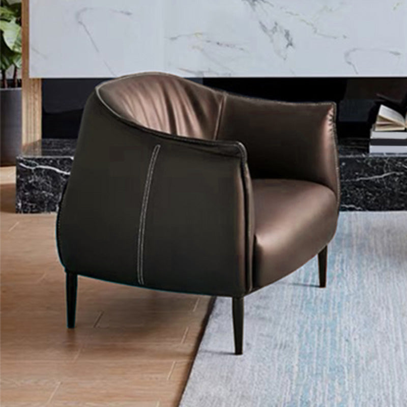 Solid Color Genuine Leather Arms Included with Black Legs Round Arms Barrel Chair