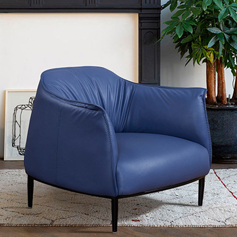 Solid Color Genuine Leather Arms Included with Black Legs Round Arms Barrel Chair