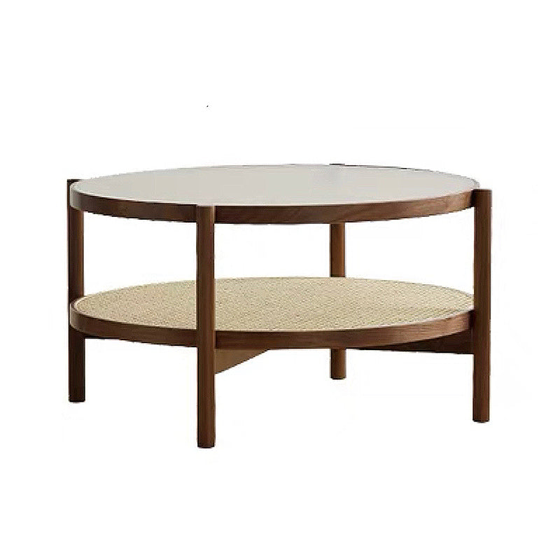 4 Legs Bunching Table with Solid Wood Base Round Coffee Table with Tempered Glass Top