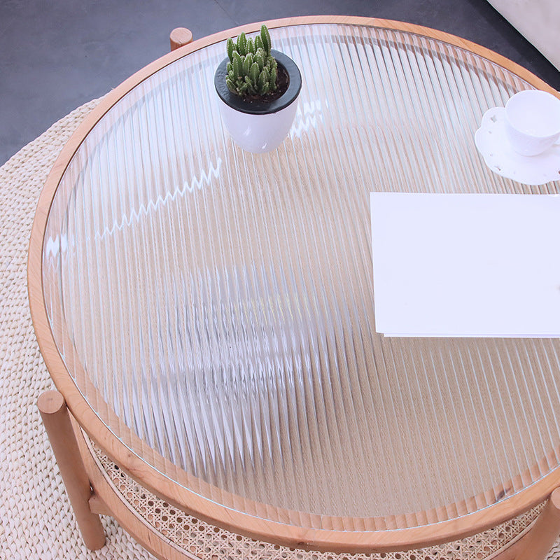 4 Legs Bunching Table with Solid Wood Base Round Coffee Table with Tempered Glass Top