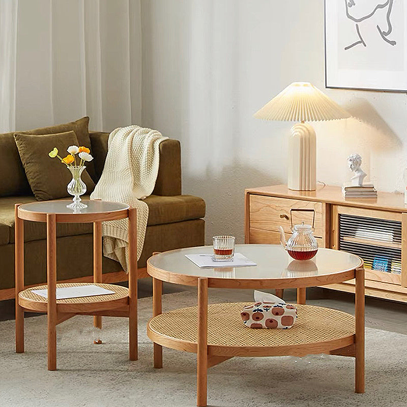 4 Legs Bunching Table with Solid Wood Base Round Coffee Table with Tempered Glass Top