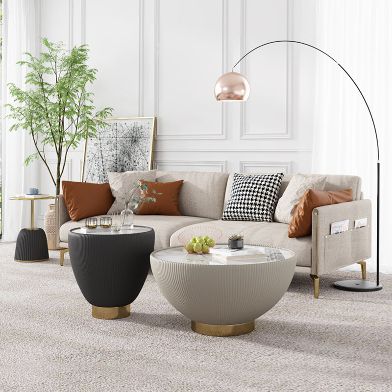 Slate Round Top Coffee Table Faux Leather Solid Base Cocktail Table