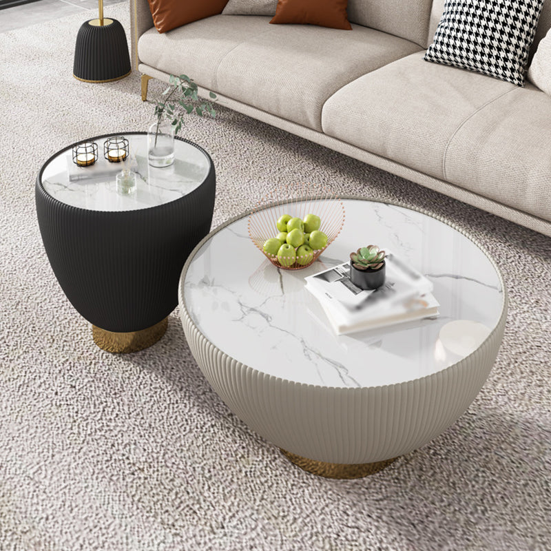 Slate Round Top Coffee Table Faux Leather Solid Base Cocktail Table