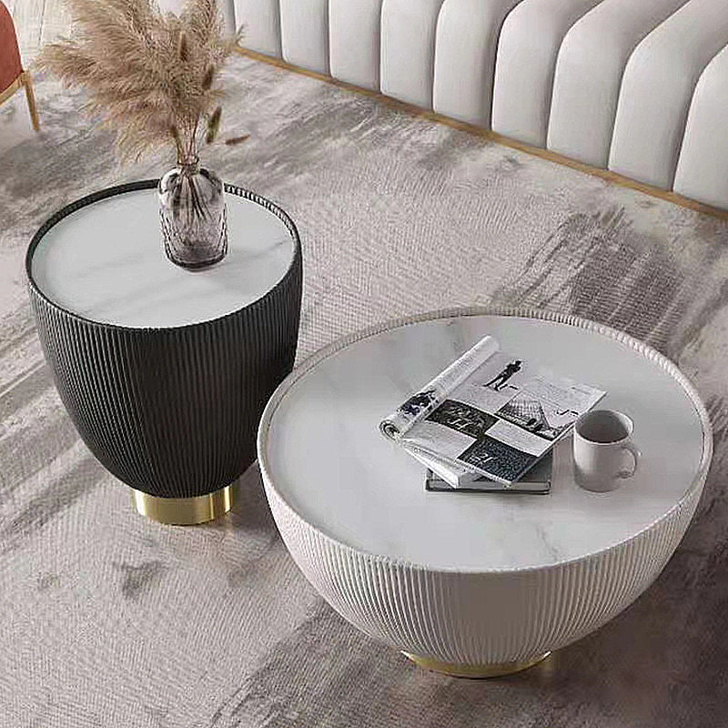 Slate Round Top Coffee Table Faux Leather Solid Base Cocktail Table