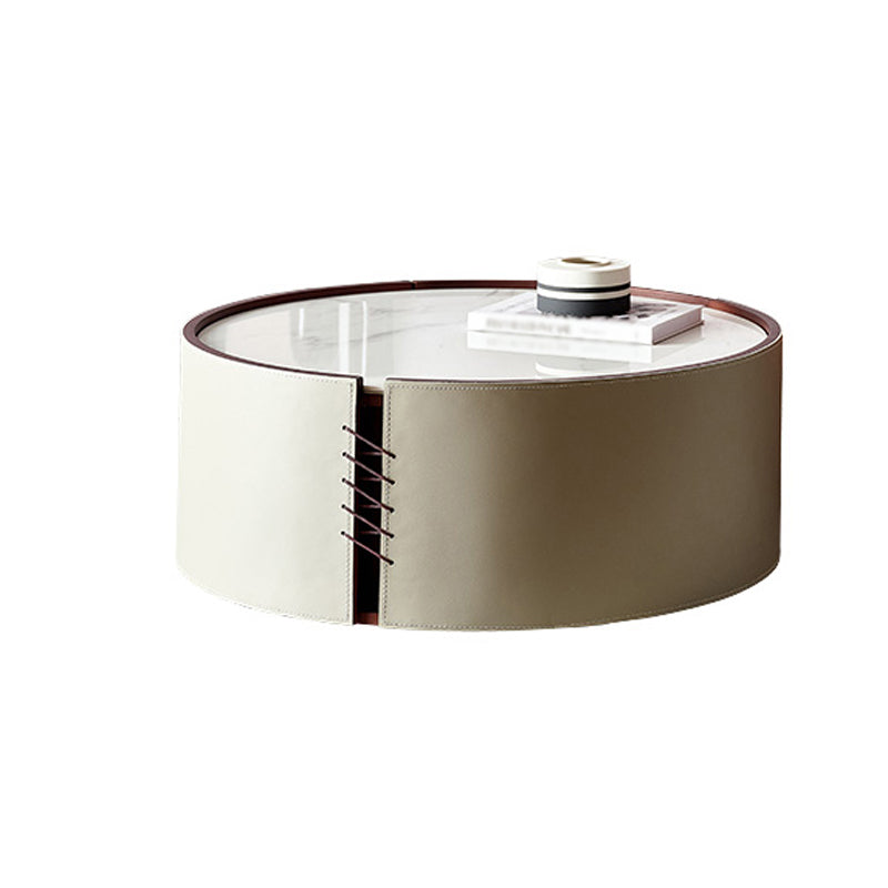 Modern Drum Base Solid Leather Round Table Coffee Table with Storage