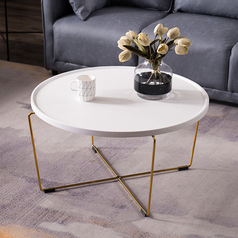 Cross Leg Base Design White/grey Faux Wood Top Metal Iron Round Coffee Table