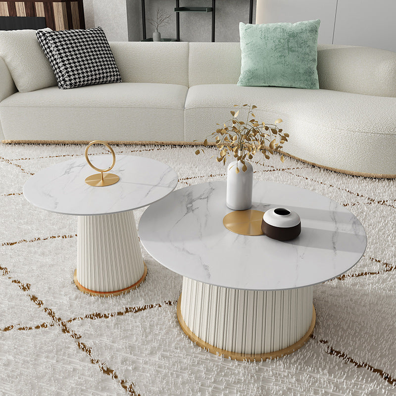 Modern Style Round Coffee Table with Drum Base Metal Design Rock Plate Top