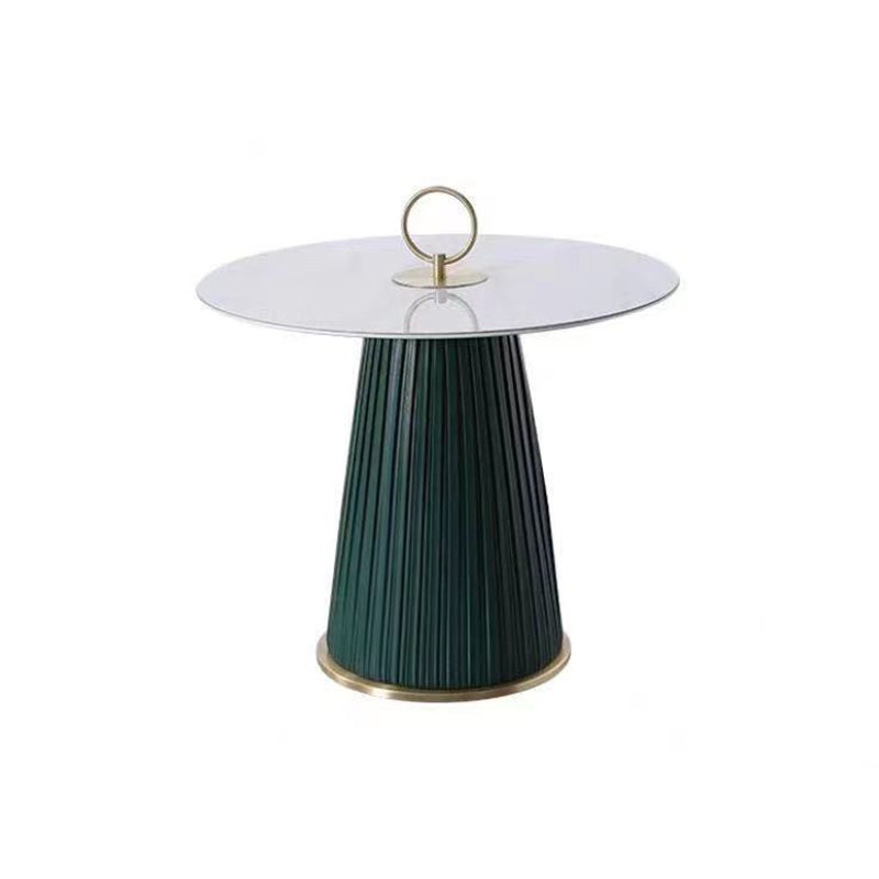 Modern Style Round Coffee Table with Drum Base Metal Design Rock Plate Top