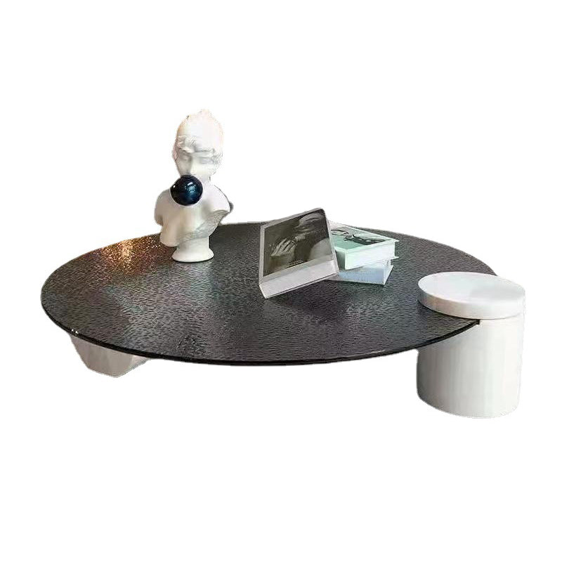 Modern Style Slate & Glass Round Coffee Table with White Base and Black/white Top